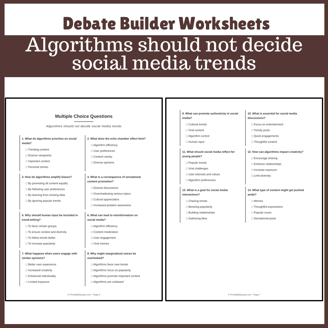 Algorithms should not decide social media trends | Favour and Against Worksheet Printable Activity