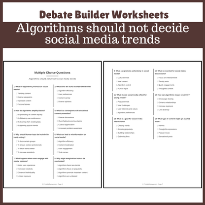 Algorithms should not decide social media trends | Favour and Against Worksheet Printable Activity