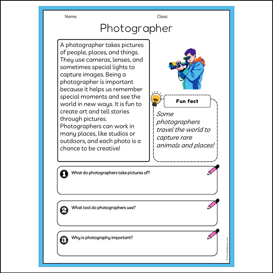 Photographer | Reading Passage Comprehension Questions Writing Facts Worksheet