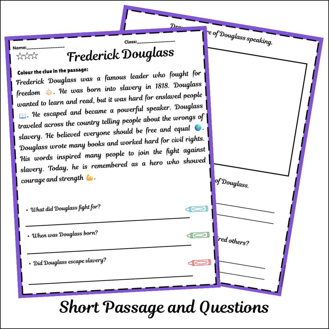 Frederick Douglass | Short Reading Comprehension Creative Worksheet