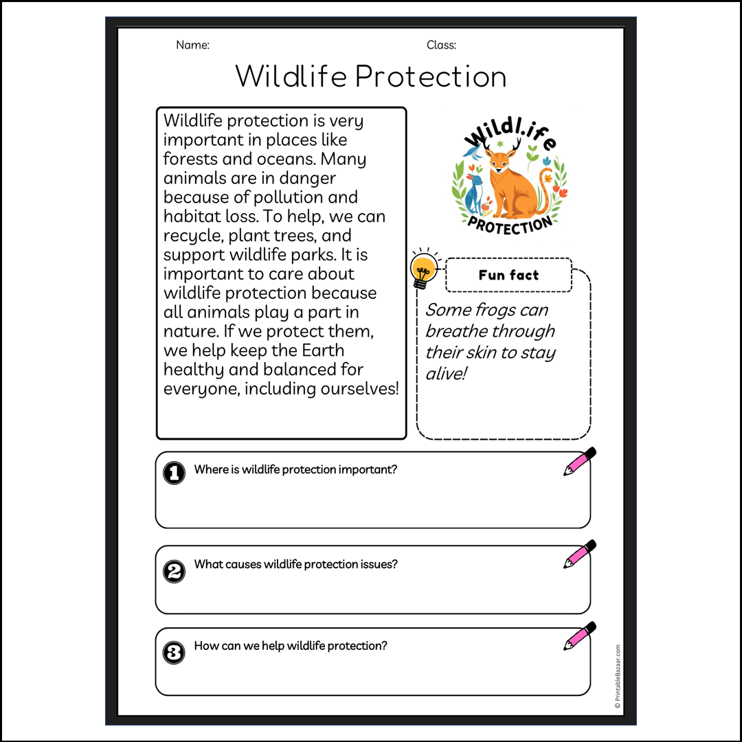 Wildlife Protection | Reading Passage Comprehension Questions Writing Facts Worksheet