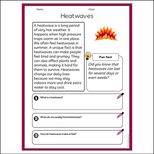 Heatwaves | Reading Passage Comprehension Questions Writing Facts Worksheet