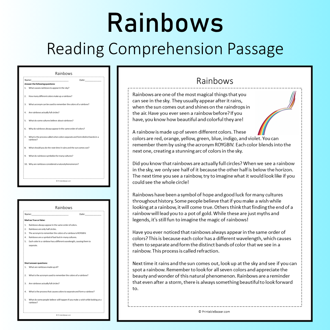 Rainbows | Reading Comprehension Passage Printable Worksheet