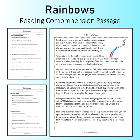 Rainbows | Reading Comprehension Passage Printable Worksheet