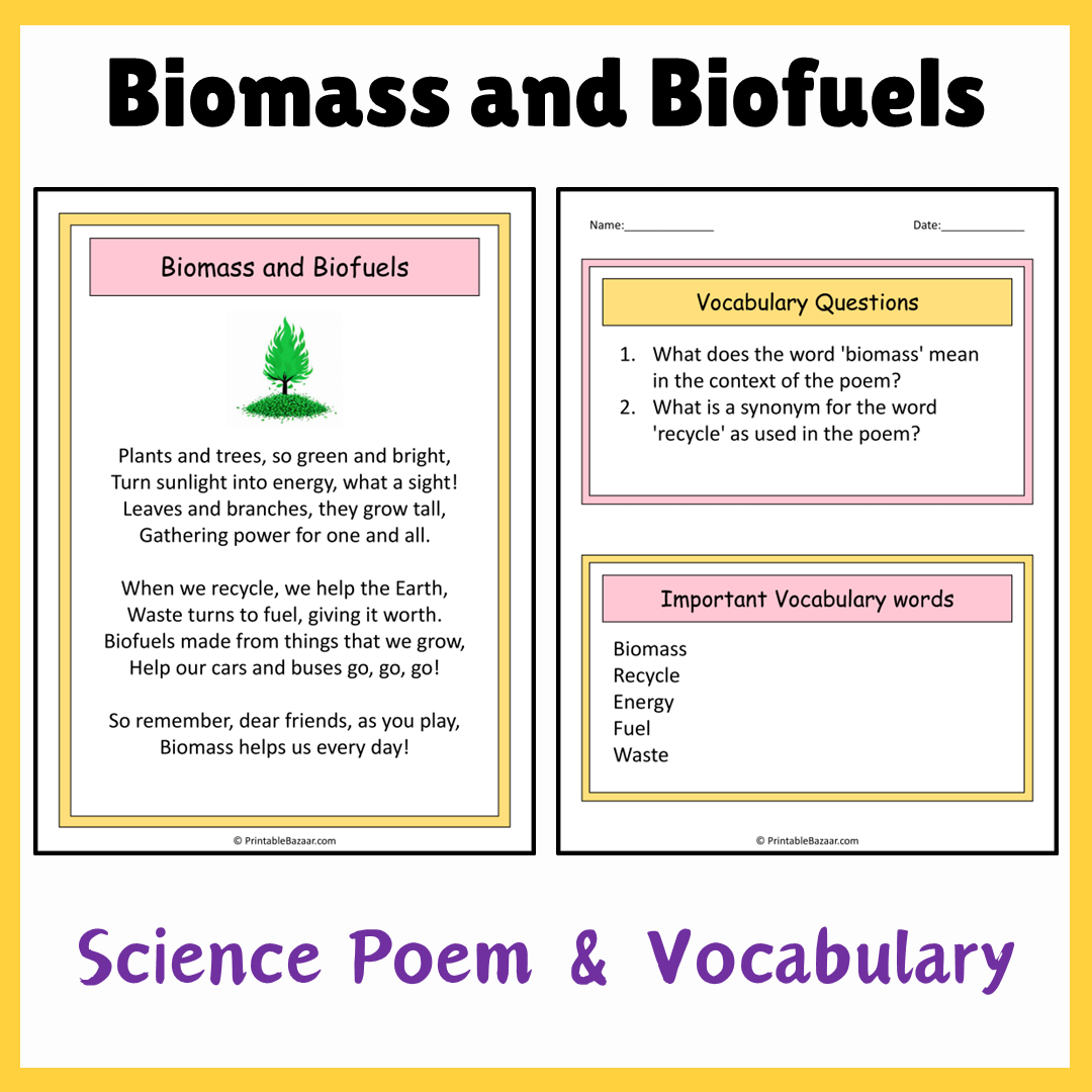 Biomass and Biofuels | Science Poem Reading Comprehension Activity