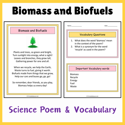 Biomass and Biofuels | Science Poem Reading Comprehension Activity