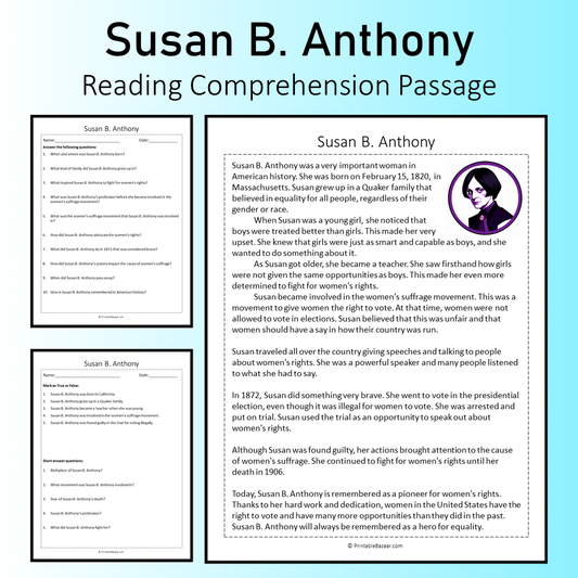 Susan B. Anthony | Reading Comprehension Passage Printable Worksheet