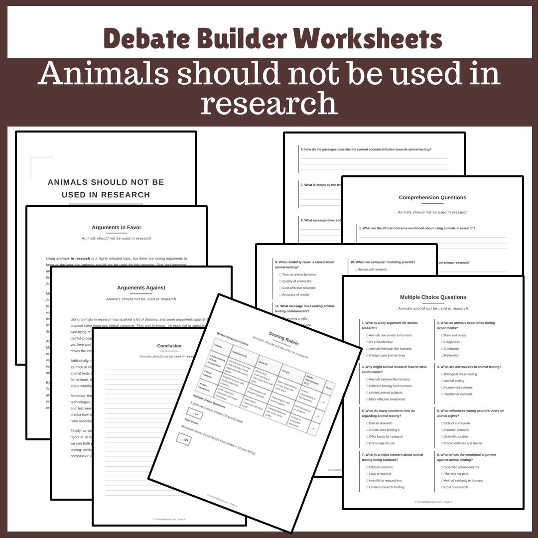 Animals should not be used in research | Favour and Against Worksheet Printable Activity