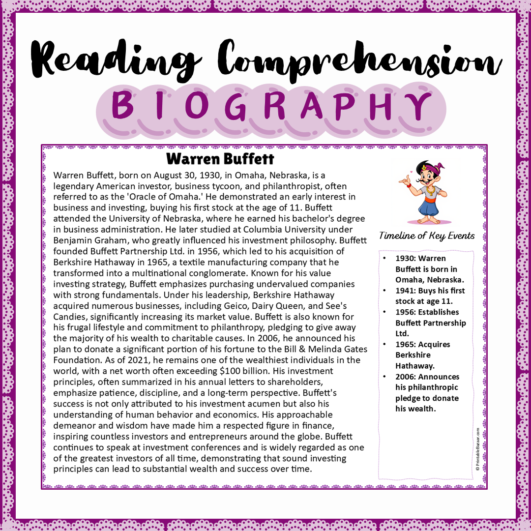 Warren Buffett | Biography Reading Comprehension and Questions Worksheet