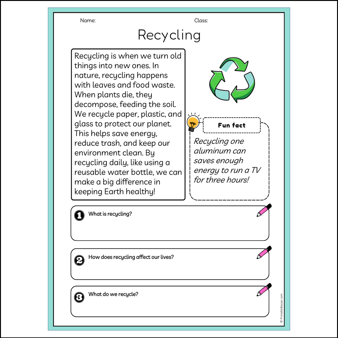 Recycling | Reading Passage Comprehension Questions Writing Facts Worksheet