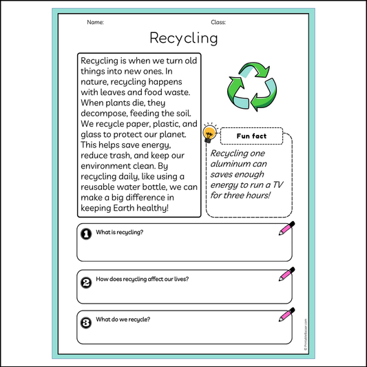 Recycling | Reading Passage Comprehension Questions Writing Facts Worksheet