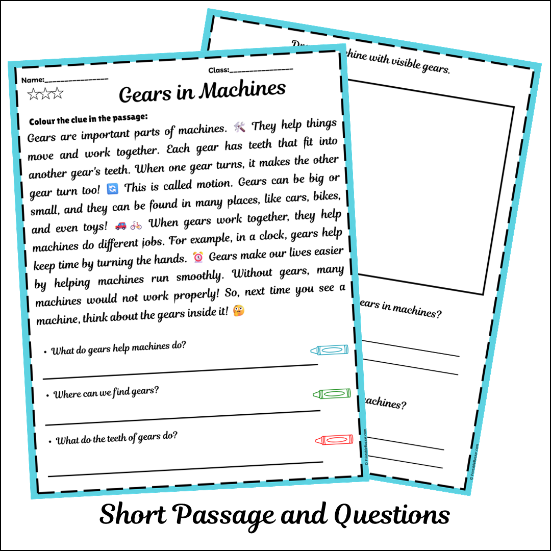 Gears in Machines | Short Reading Comprehension Creative Worksheet