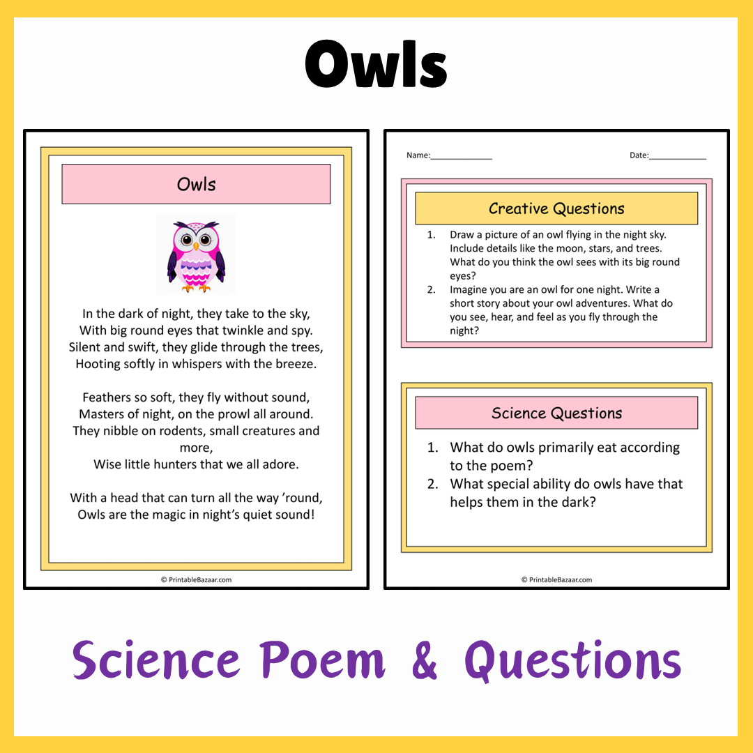 Owls | Science Poem Reading Comprehension Activity