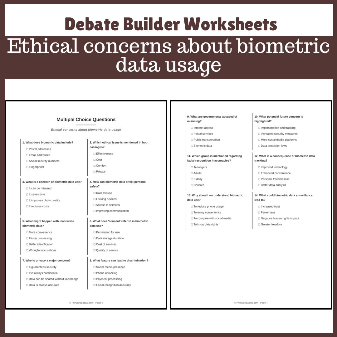 Ethical concerns about biometric data usage | Favour and Against Worksheet Printable Activity