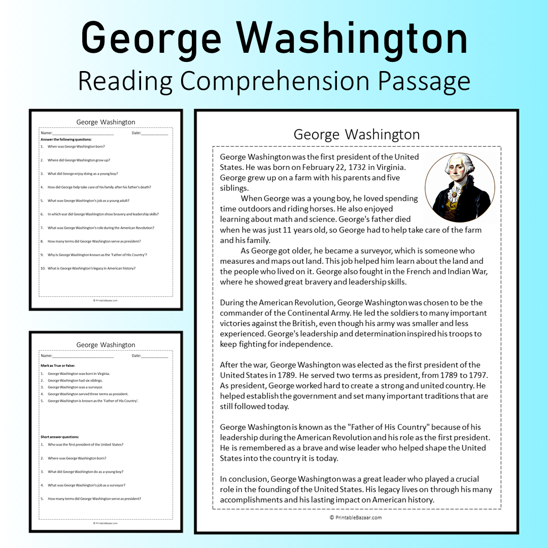 George Washington | Reading Comprehension Passage Printable Worksheet