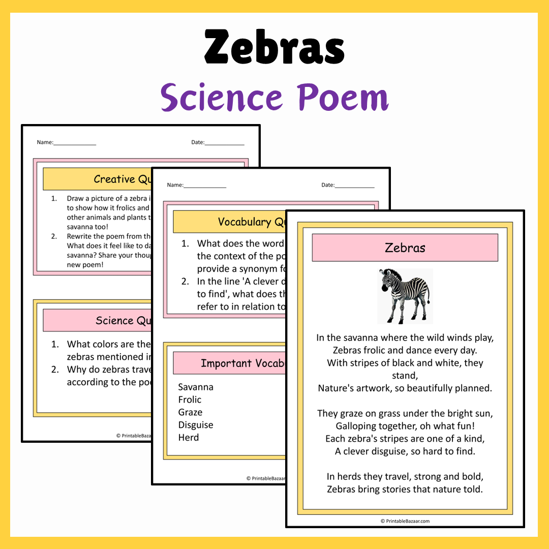 Zebras | Science Poem Reading Comprehension Activity