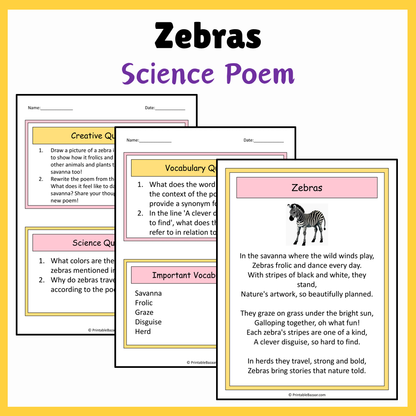 Zebras | Science Poem Reading Comprehension Activity