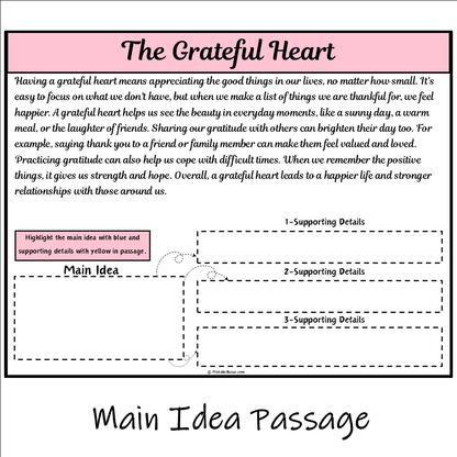 The Grateful Heart | Main Idea and Supporting Details Reading Passage and Questions