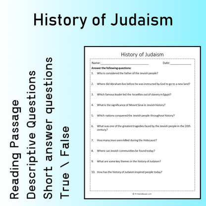 History of Judaism | Reading Comprehension Passage Printable Worksheet