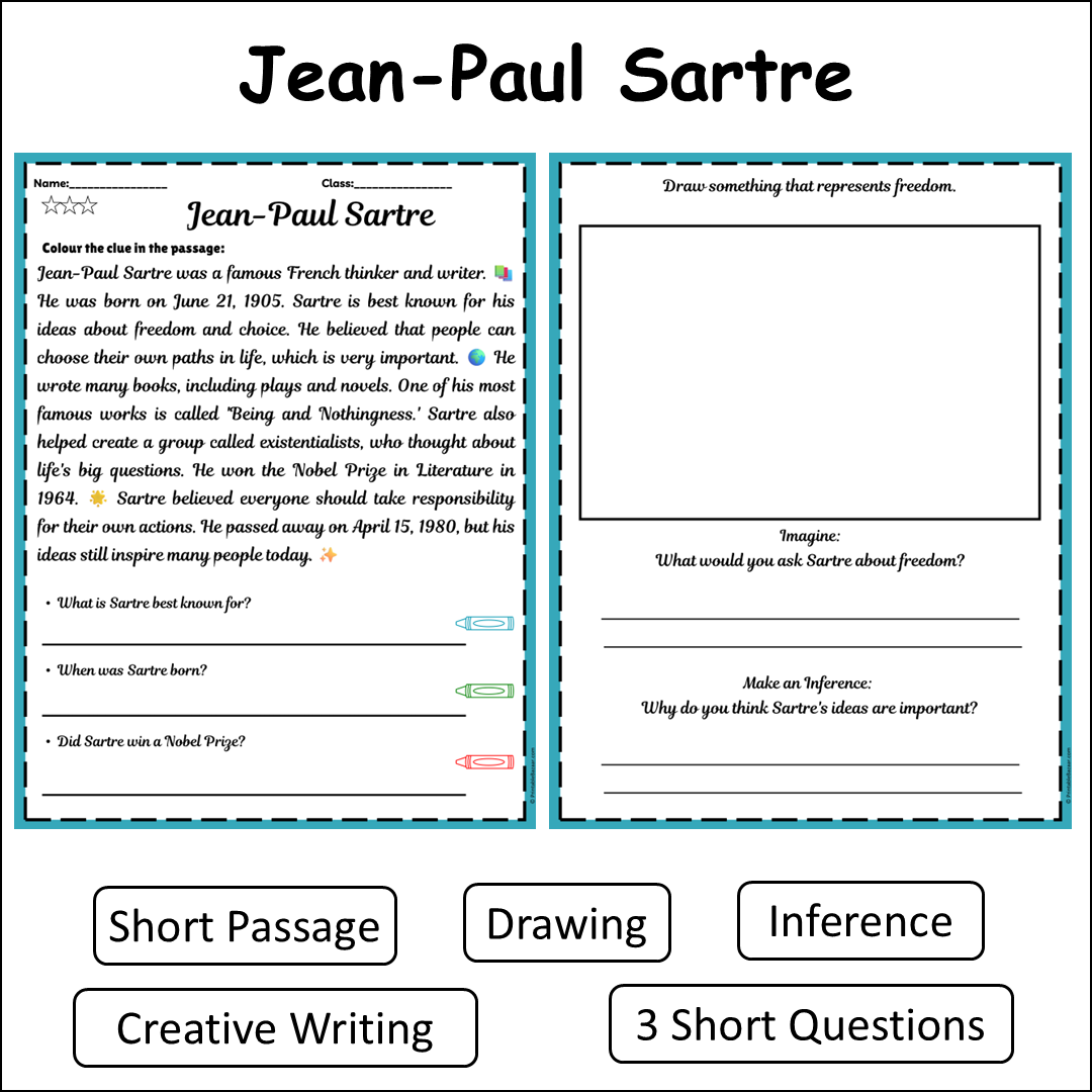 Jean-Paul Sartre | Short Reading Comprehension Creative Worksheet
