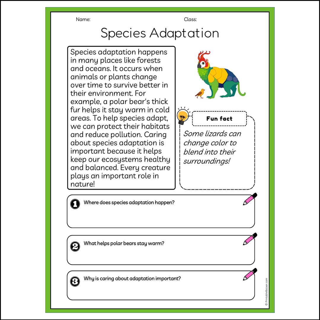 Species Adaptation | Reading Passage Comprehension Questions Writing Facts Worksheet