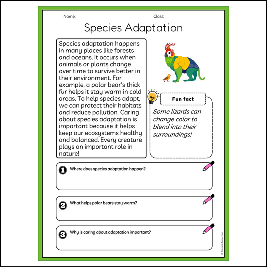 Species Adaptation | Reading Passage Comprehension Questions Writing Facts Worksheet