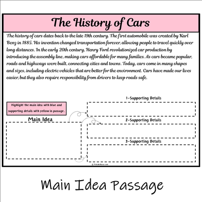 The History of Cars | Main Idea and Supporting Details Reading Passage and Questions