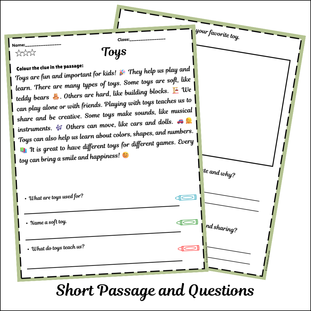 Toys | Short Reading Comprehension Creative Worksheet