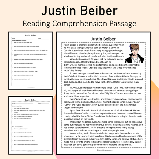 Justin Beiber | Reading Comprehension Passage Printable Activity
