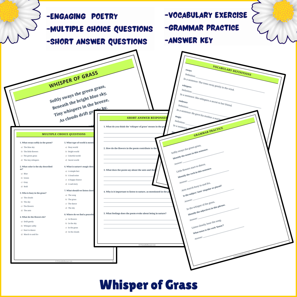 Whisper of Grass | Poem Grammar Worksheet Printable Activity