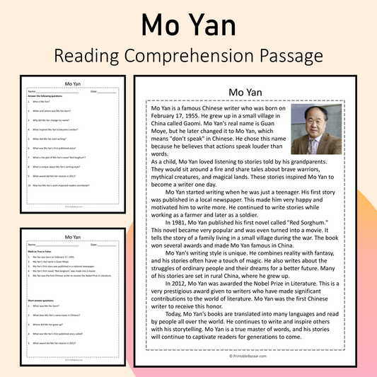 Mo Yan | Reading Comprehension Passage Printable Activity