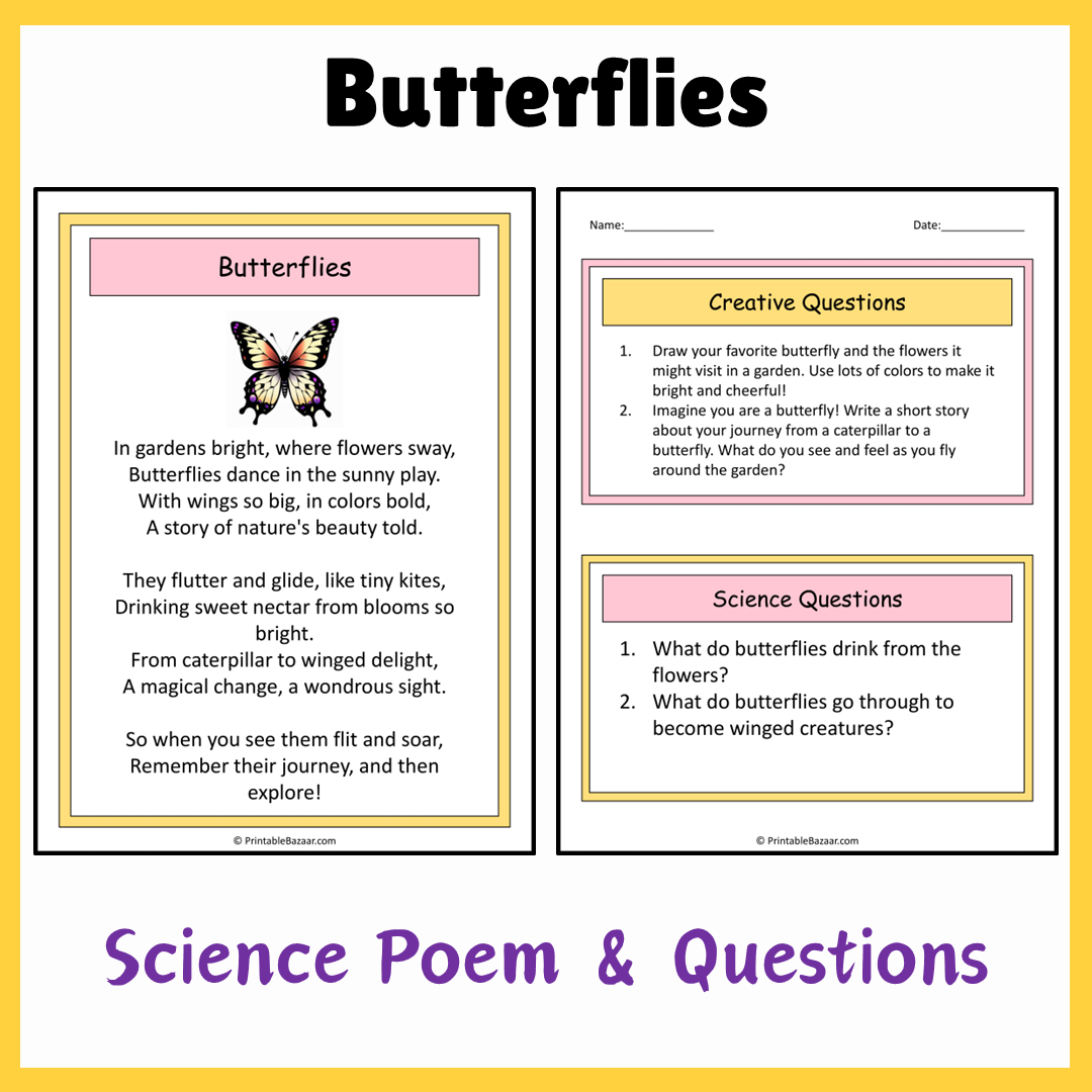 Butterflies | Science Poem Reading Comprehension Activity