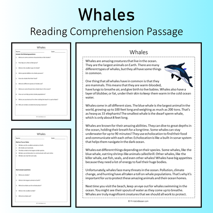 Whales | Reading Comprehension Passage Printable Worksheet