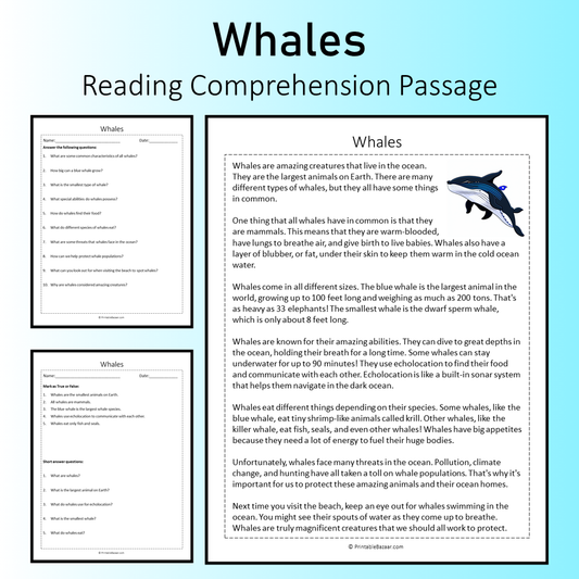 Whales | Reading Comprehension Passage Printable Worksheet