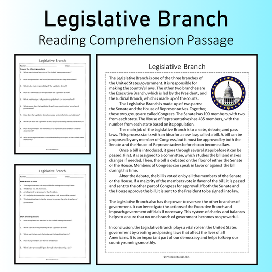 Legislative Branch | Reading Comprehension Passage Printable Worksheet
