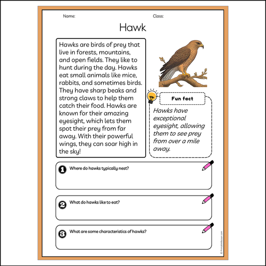 Hawk | Reading Passage Comprehension Questions Writing Facts Worksheet