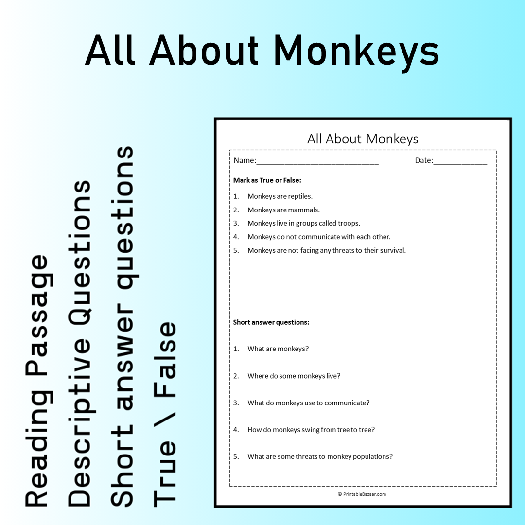 All About Monkeys | Reading Comprehension Passage Printable Worksheet