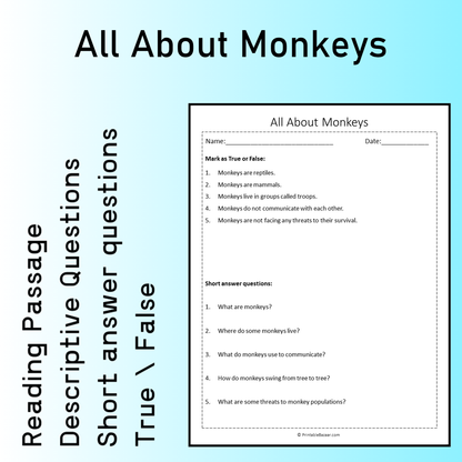 All About Monkeys | Reading Comprehension Passage Printable Worksheet