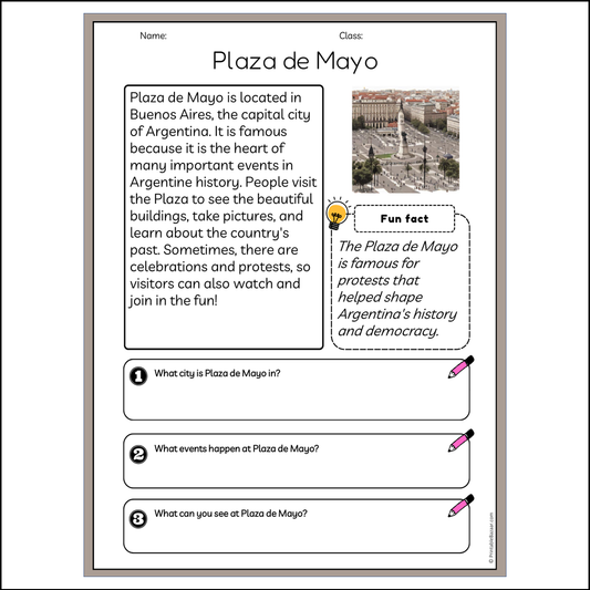Plaza de Mayo | Reading Passage Comprehension Questions Writing Facts Worksheet