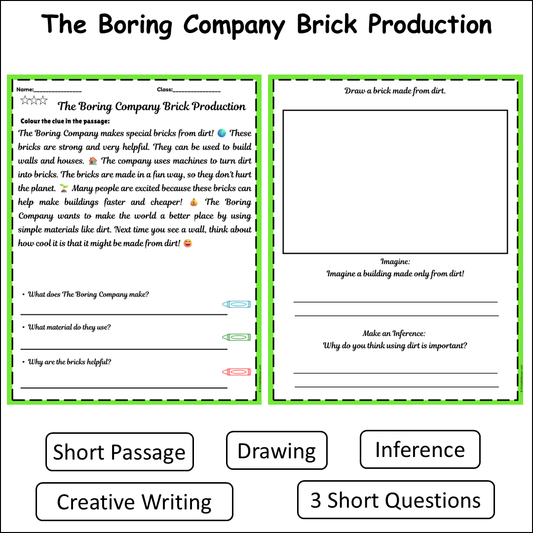 The Boring Company Brick Production | Short Reading Comprehension Creative Worksheet