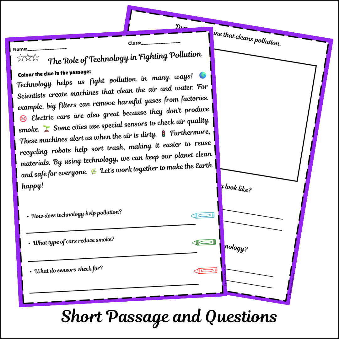 The Role of Technology in Fighting Pollution | Short Reading Comprehension Creative Worksheet