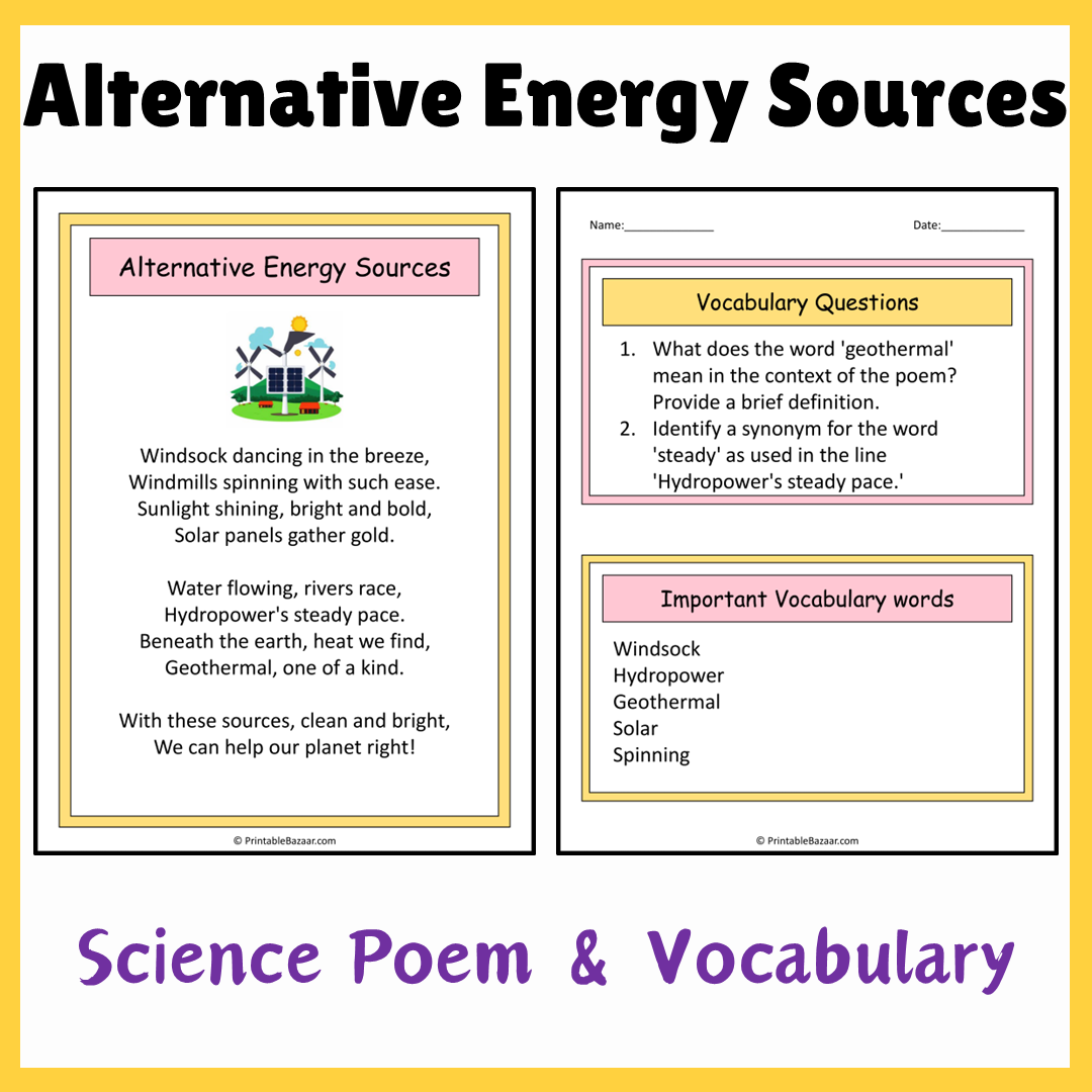 Alternative Energy Sources | Science Poem Reading Comprehension Activity