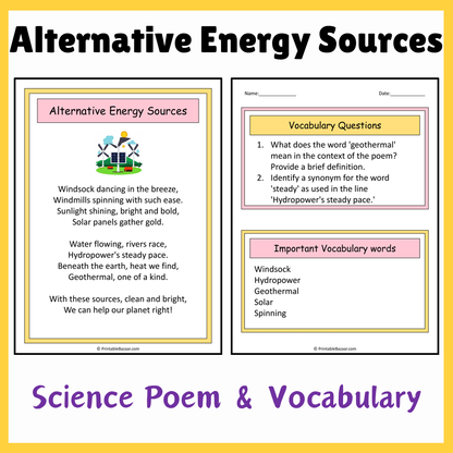 Alternative Energy Sources | Science Poem Reading Comprehension Activity