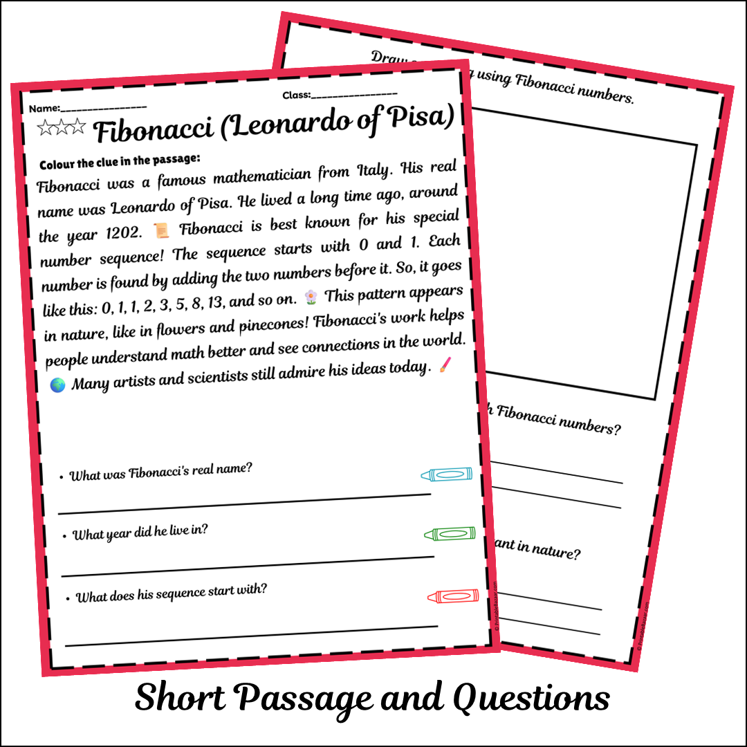 Fibonacci (Leonardo of Pisa) | Short Reading Comprehension Creative Worksheet