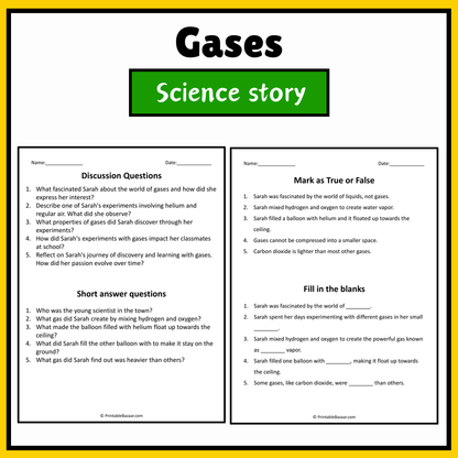 Gases | Science Story Reading Comprehension Activity