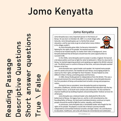 Jomo Kenyatta | Reading Comprehension Passage Printable Activity