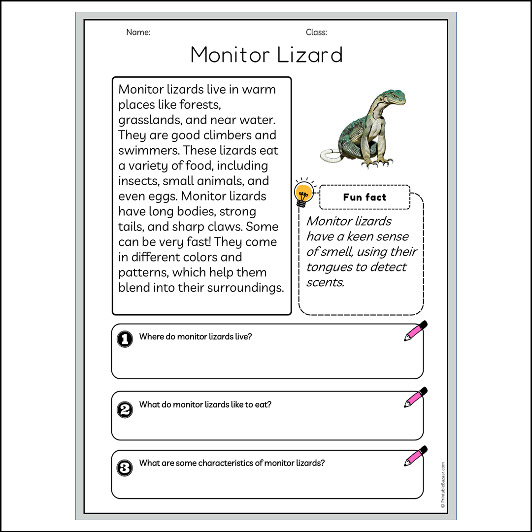 Monitor Lizard | Reading Passage Comprehension Questions Writing Facts Worksheet