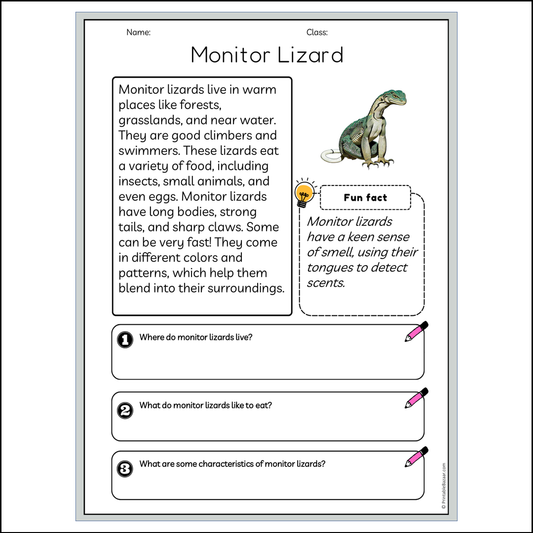 Monitor Lizard | Reading Passage Comprehension Questions Writing Facts Worksheet