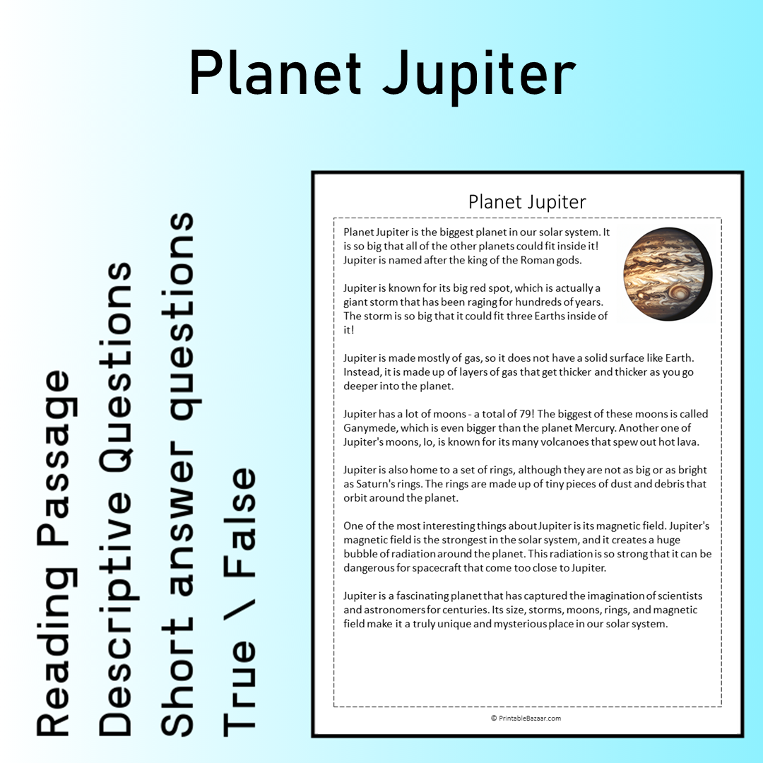 Planet Jupiter | Reading Comprehension Passage Printable Worksheet