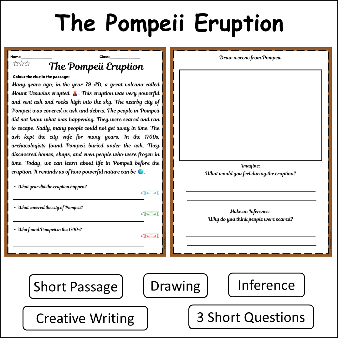 The Pompeii Eruption | Short Reading Comprehension Creative Worksheet